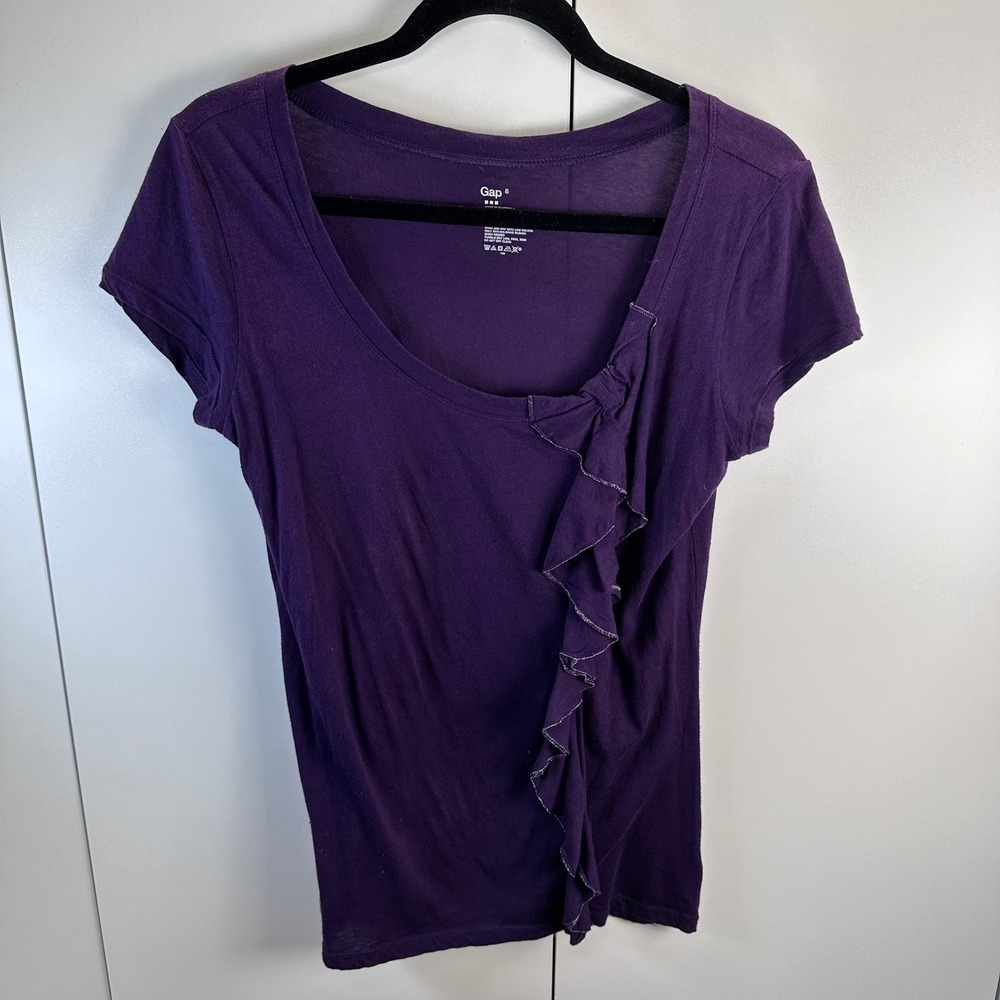 Gap Women's Purple Short Sleeve Ruffle Bow Neck Top Size S Jewel Tone Statement